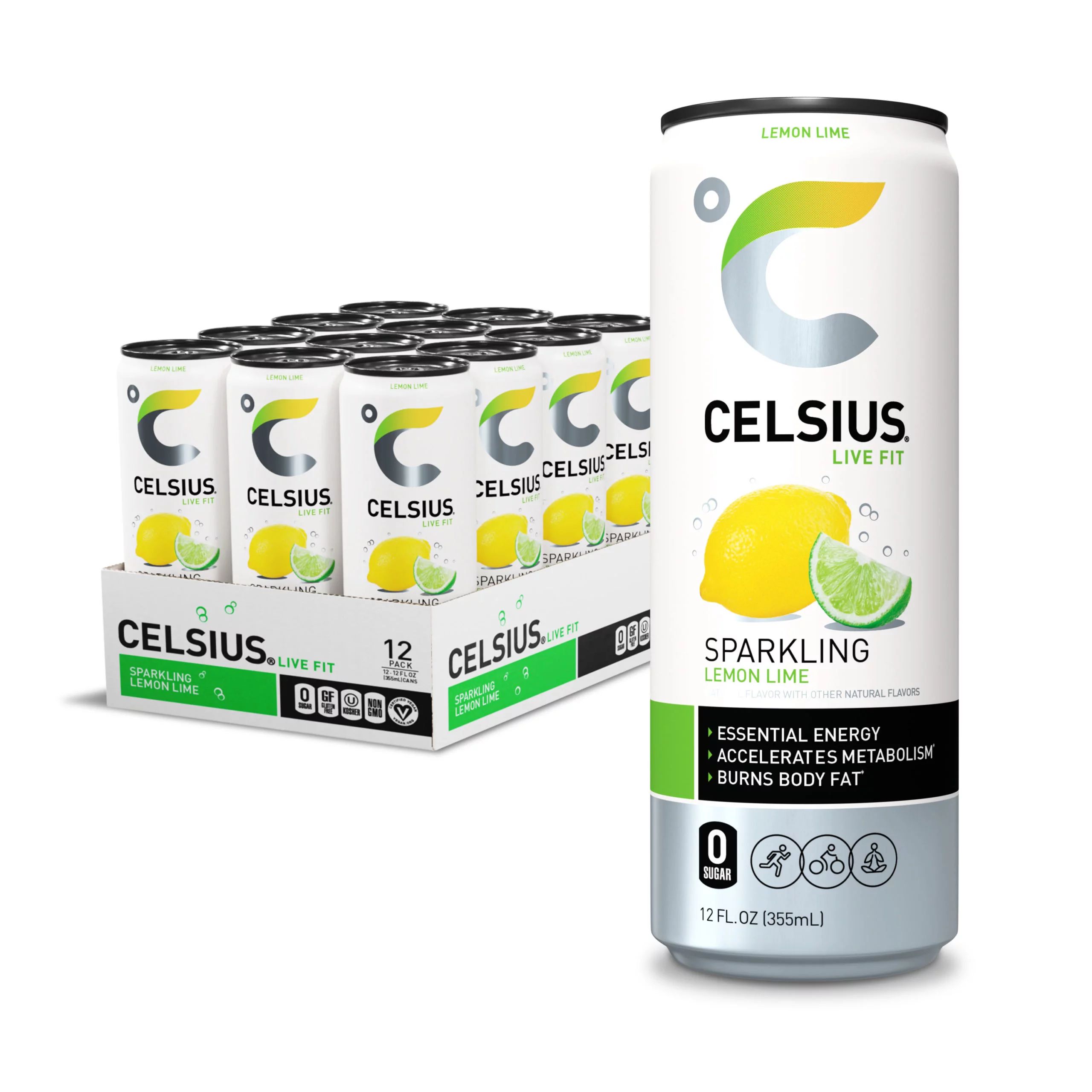 CELSIUS Sparkling Lemon Lime, Functional, Essential Energy Drink 12 fl oz (Pack of 12) - Walmart.... | Walmart (US)