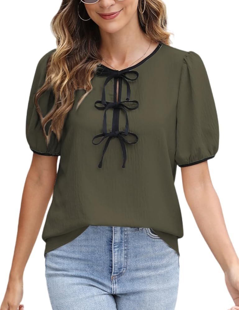 CiCiBird Womens Dressy Casual Shirt Summer Work Blouses Tie Front Puff Short Sleeve Tops | Amazon (US)
