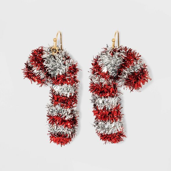 Holiday Novelty Candy Cane Tinsel Drop Statement Earrings - Red | Target
