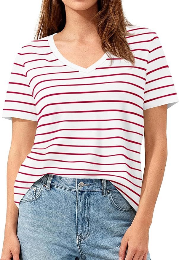 PRETTYGARDEN Short Sleeve Shirts for Women 2026 Spring V Neck Cute Tops Casual Striped Shirt Knit... | Amazon (US)