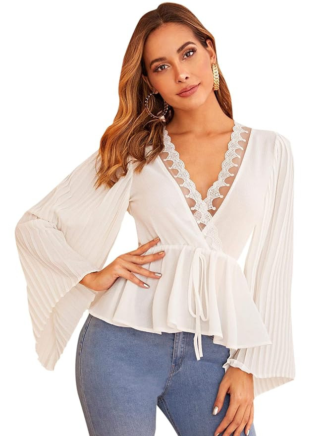 Verdusa Women's Plunging Pleated Flounce Sleeve Elastic Waist Peplum Blouse Top | Amazon (US)