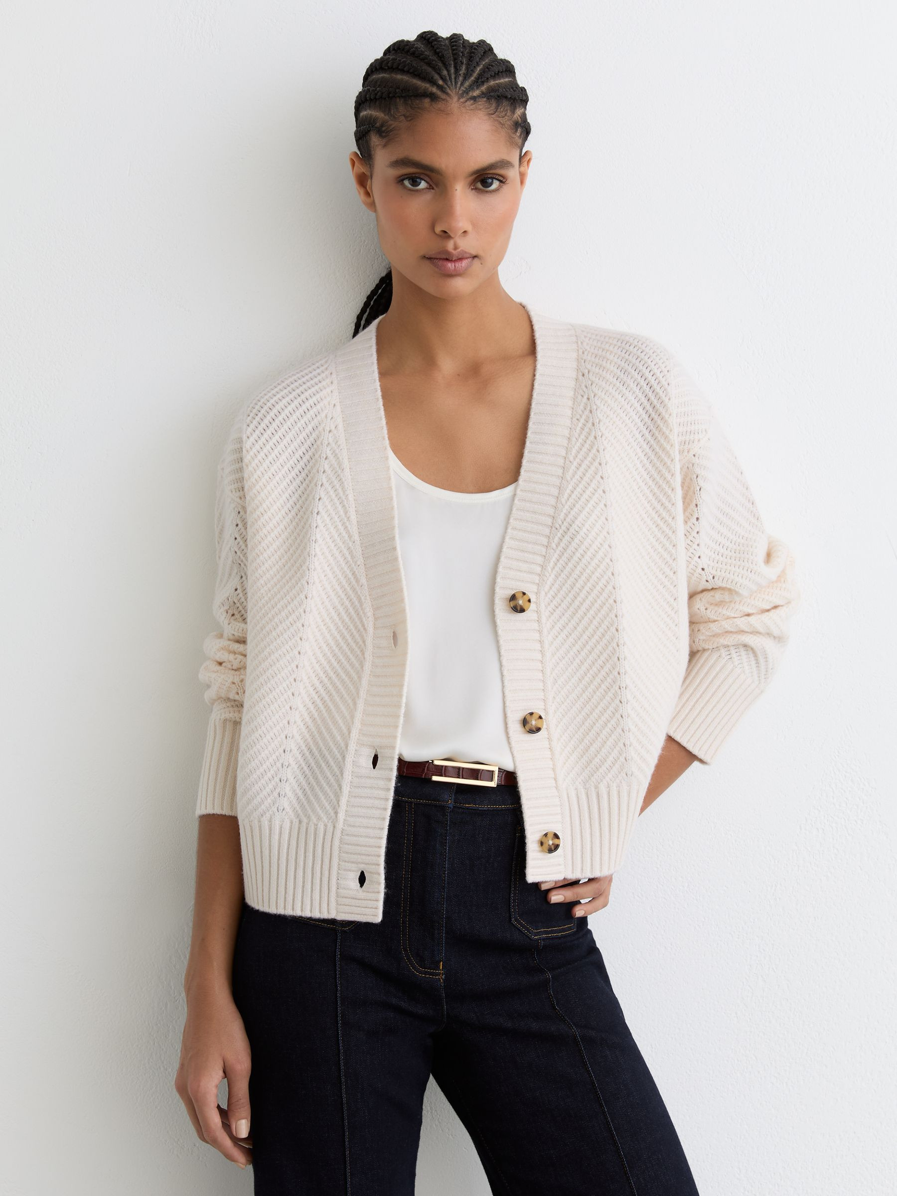 Reiss Wool-Cashmere Chevron-Stitch Cardigan in Ivory - REISS | Reiss UK