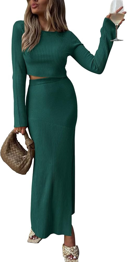 PRETTYGARDEN 2023 Fall 2 Piece Outfits For Women Rib Knit Crop Top And Slit Maxi Dress Skirt Sets... | Amazon (US)