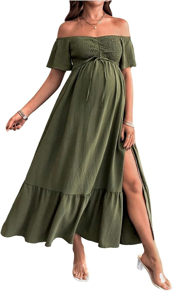 SweatyRocks Women's Maternity Off Shoulder Maxi Dress Ruffle A Line Flowy Vacation Dresses | Amazon (US)