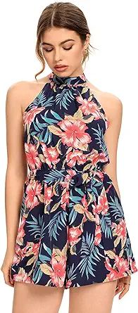 LYANER Women's Floral Print Halter Neck Tie Back Belt Sleeveless Romper Short Jumpsuit | Amazon (US)