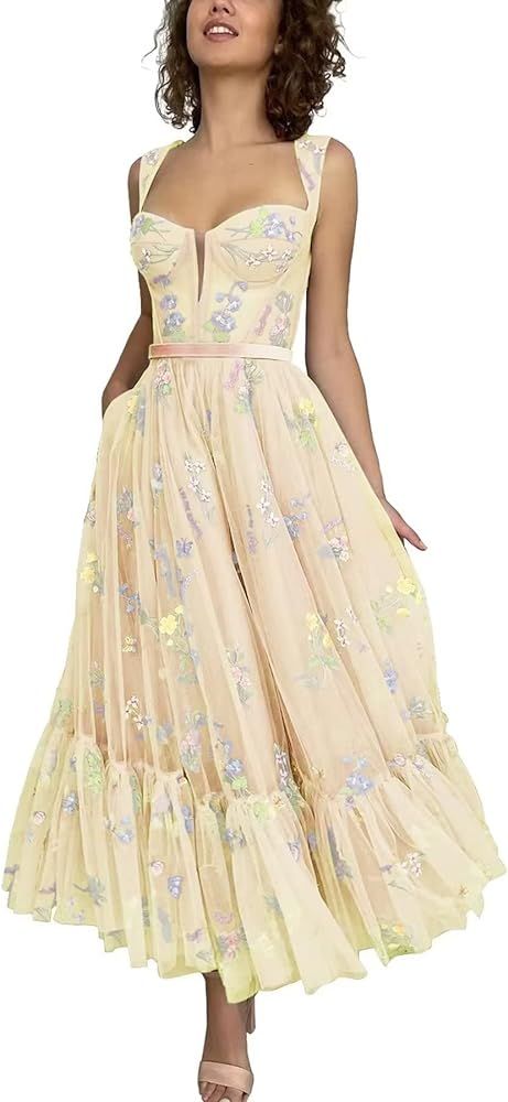 Puffy Sleeve Prom Dresses Flower Embroidery Tulle Backless A-line Lace Formal Evening Party Gown ... | Amazon (US)