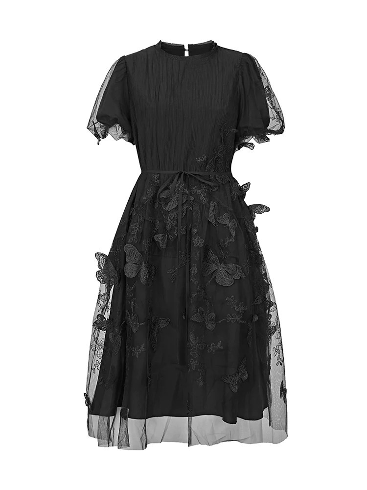 Round Neck Butterfly Rrint Mesh Waisted Short Sleeve Dress | SDEER