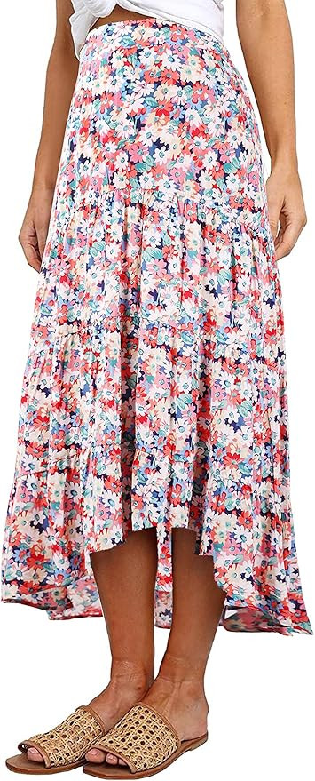 PRETTYGARDEN Women's Ditzy Floral Midi Boho Elastic High Waist Skirt | Amazon (US)
