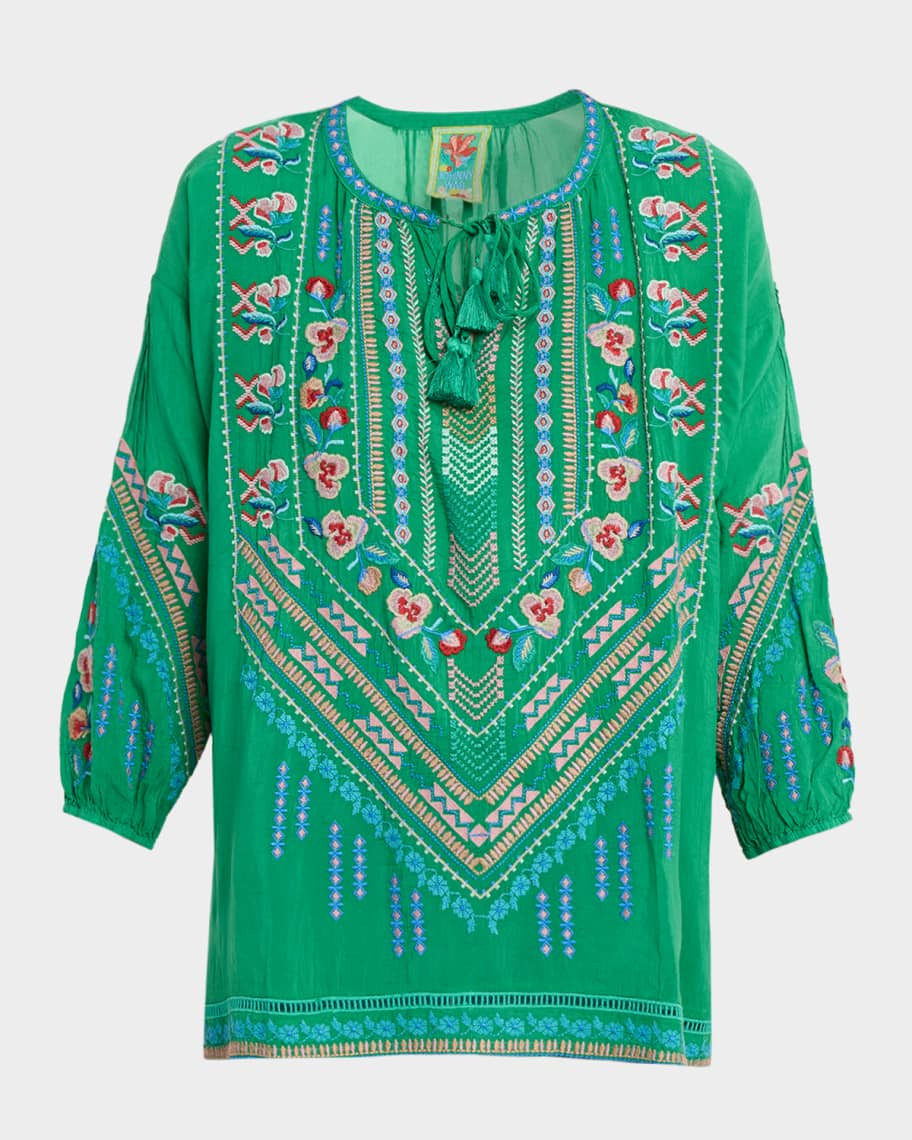 Johnny Was Margot Embroidered Tie-Neck Blouse | Neiman Marcus