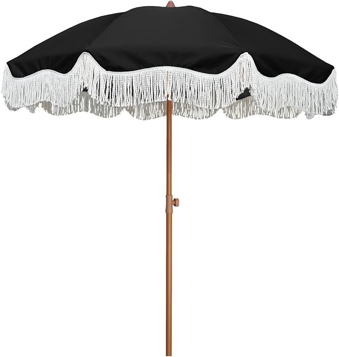 AMMSUN Boho Fringe Umbrella Outdoor Patio, 6.5ft UPF50+ Picnic Umbrella with Tassels with Steel P... | Amazon (US)
