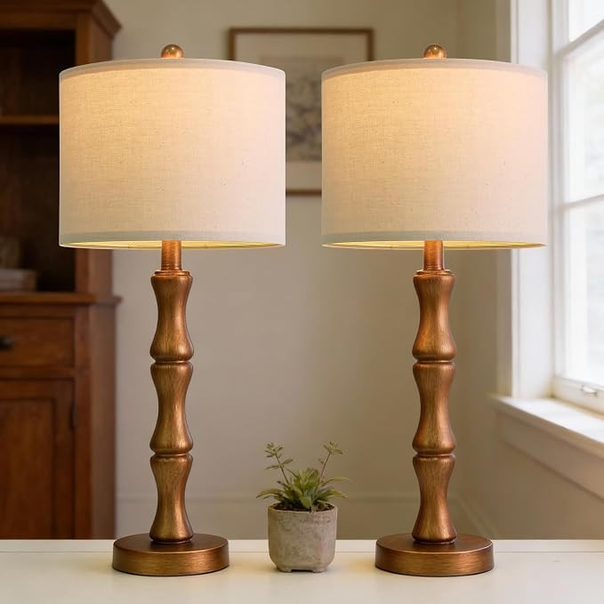 BOBOMOMO 25" Vintage Nightstand Lamps Set of 2, Farmhouse Table Lamps with Antique Gold Resin Bas... | Amazon (US)