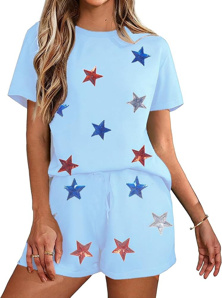VILOVE 4th of July 2 Piece Sequin Outfits Women 250 Anniversary Usa Shirts and Short Sets Casual ... | Amazon (US)