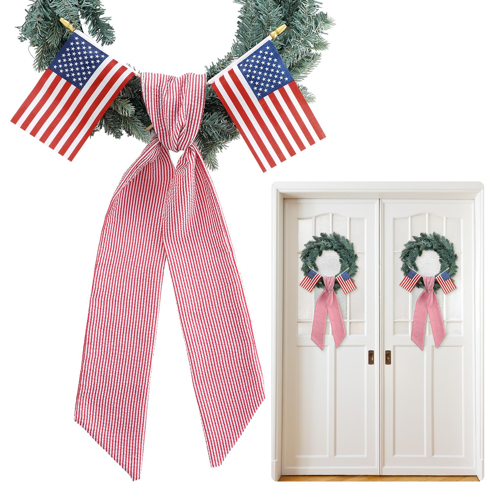 Hahafelt 2 Set of Patriotic Wreath Sashes with American Flags for Front Door, 56 x 4.5 Inch Red a... | Amazon (US)