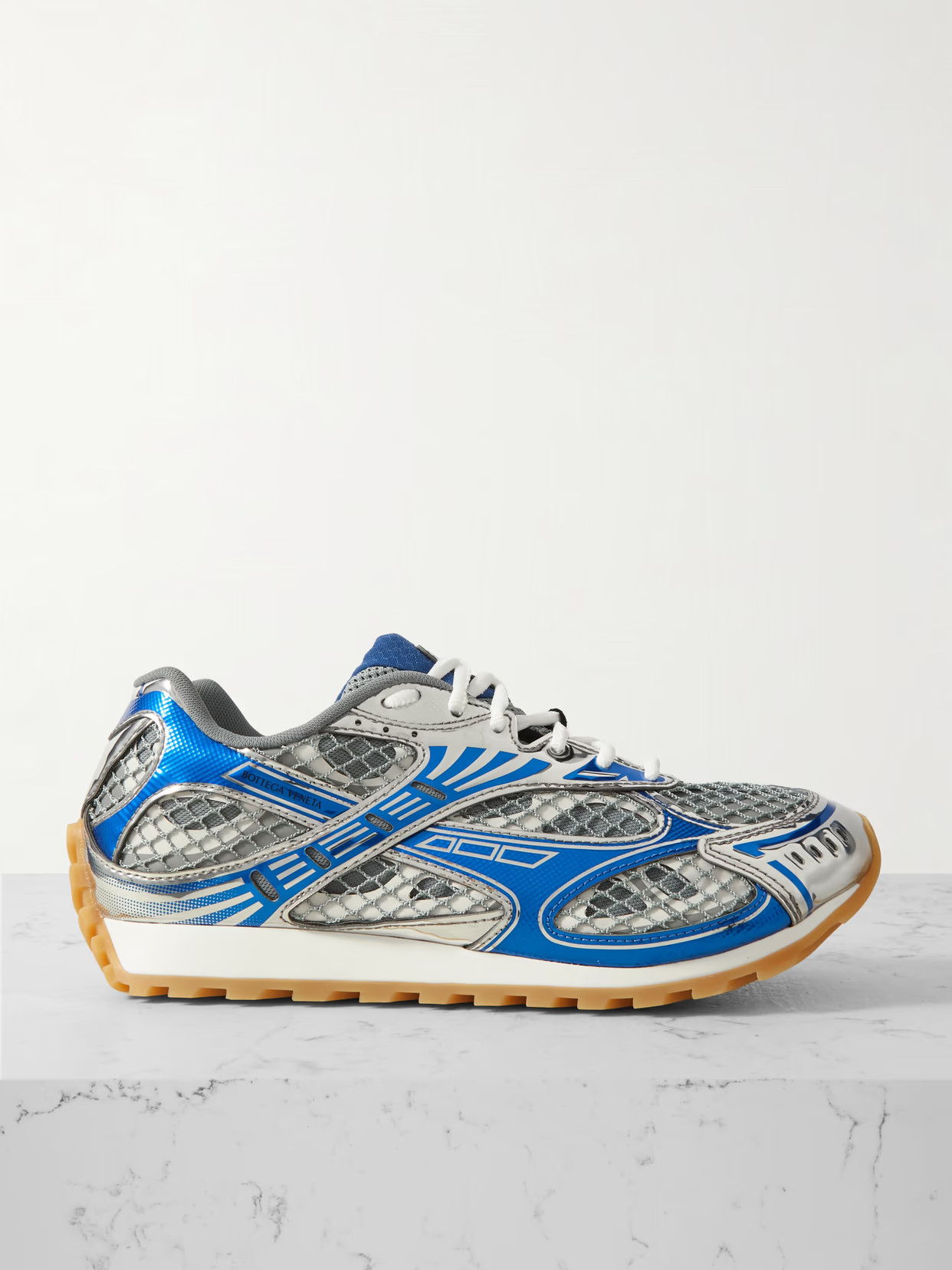 Bottega Veneta - Orbit Metallic Rubber, Mesh And Fishnet Sneakers - Neutral | NET-A-PORTER (UK & EU)