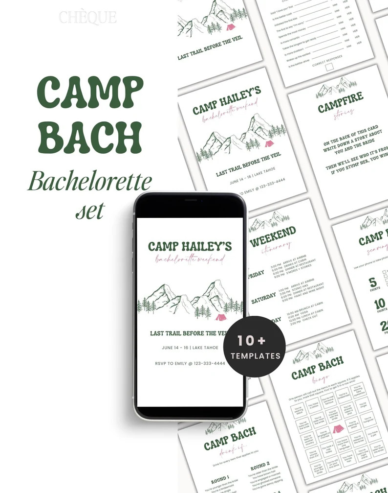 Camp Bachelorette Set Camp Bach Invitation Itinerary, Games, Signs Last Trail Before the Veil 10 ... | Etsy (US)