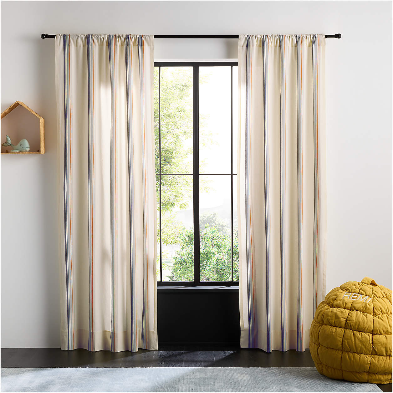 Yarn Dyed Blue Stripe 100% Organic Cotton Curtain Panel 44"x63" | Crate & Kids | Crate & Barrel