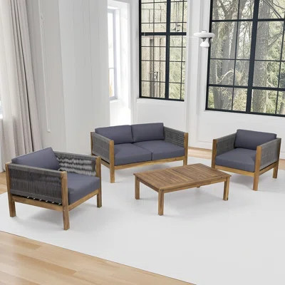 Outdoor 4-seater Chat Set - Teak Acacia Wood, Rattan Rope Weave, 2 Club Chairs + Loveseat + Coffee Table With Water-resistant Cushions | Wayfair North America