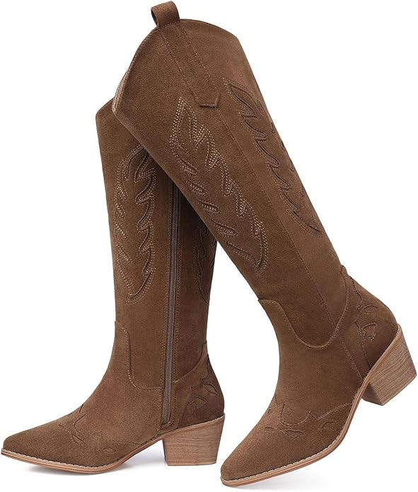 SHIBEVER Cowboy Boots for Women Knee High Suede Pointed Toe Cowgirl Boots Embroidered Pull-On Chu... | Amazon (US)