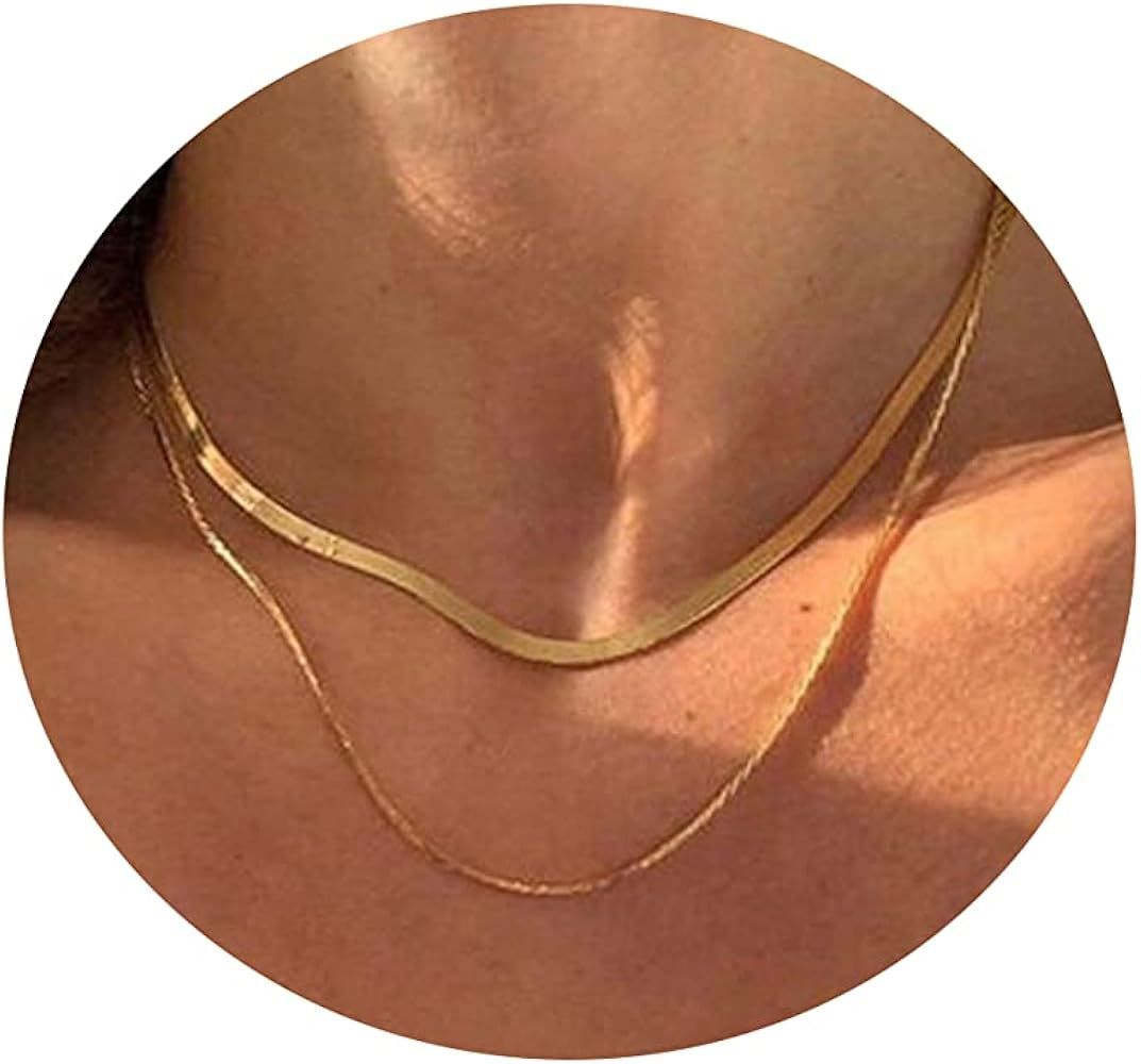Tasiso 14K Gold Plated Herringbone Choker Necklaces Double Layered Snake Chain Necklace Trible La... | Amazon (CA)