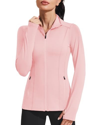 PINSPARK Workout Jackets for Women Athletic Running Gym Yoga Golf Jackets Lightweight Slim Fit Sports Top with Thumb Holes, Pink Puff, X-Large | Amazon (US)