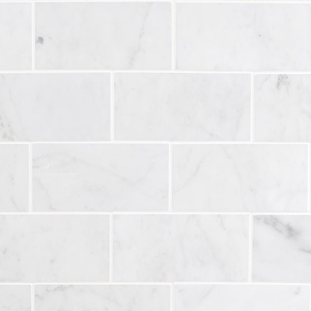 White Carrara 3 in. x 6 in. x 9mm Polished Marble Subway Tile (40 pieces / 5 sq. ft. / box) | The Home Depot