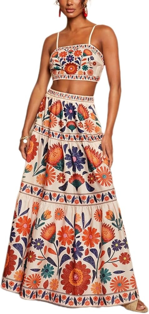 Amazon.com: ksotutm Skirt Set Floral Halter Crop Tops and Maxi Skirt Summer Two Piece Sets for Wo... | Amazon (US)