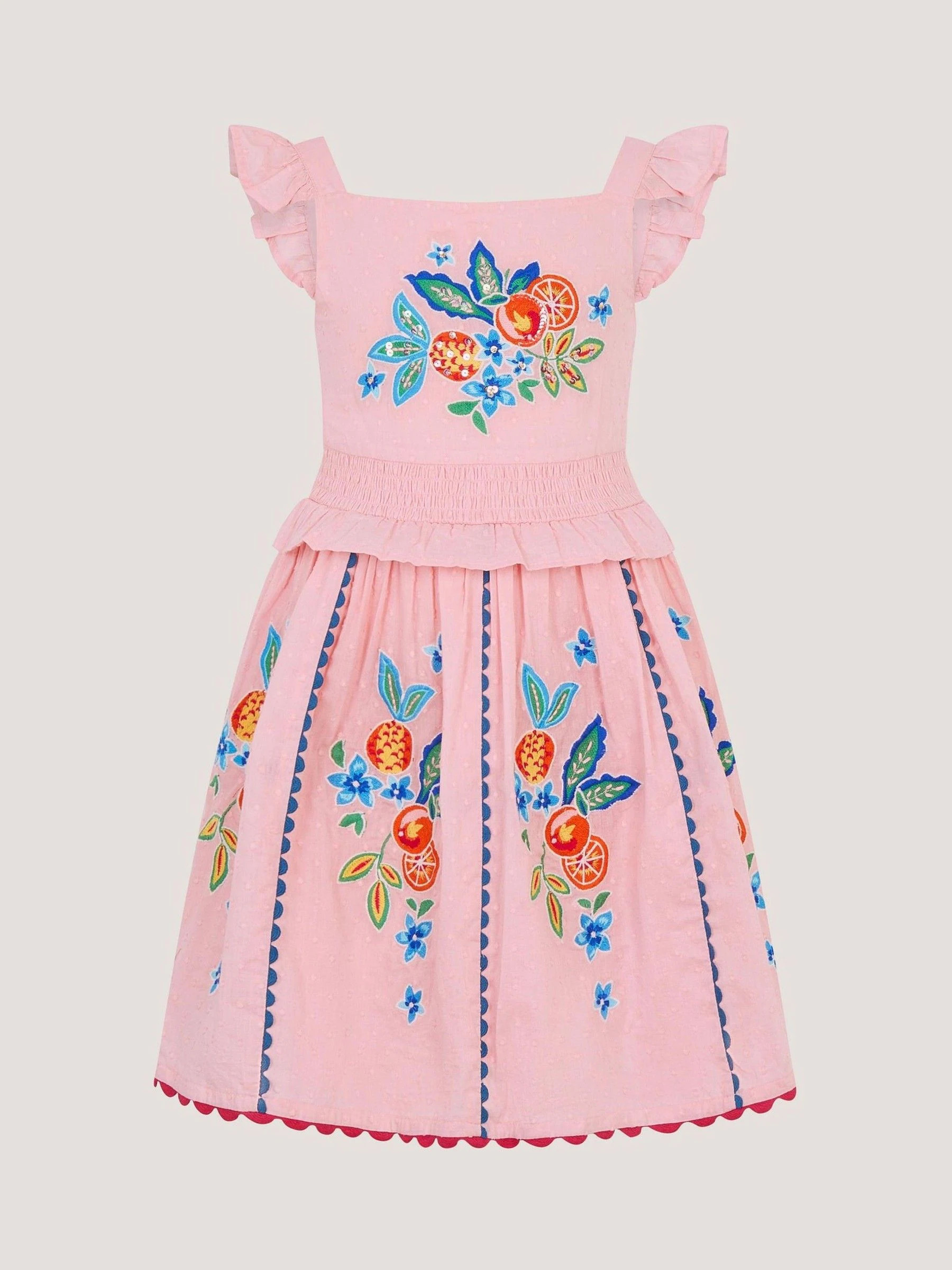 Monsoon Monsoon Pink Embroidered Fruit Frill Scallop Edge Dress | Next US