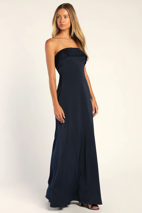 Exceptional Evening Navy Blue Satin Strapless A-Line Maxi Dress | Lulus (US)