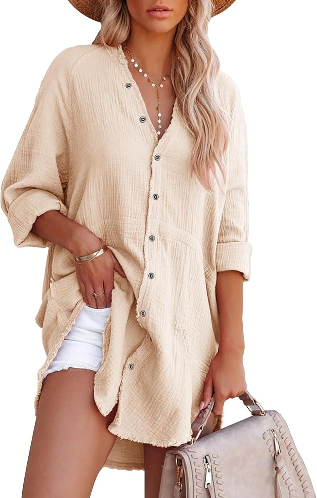 siliteelon Women's Button Down Tunic with Pockets Cotton Gauze Button Up Shirt Dress V Neck Long ... | Amazon (US)