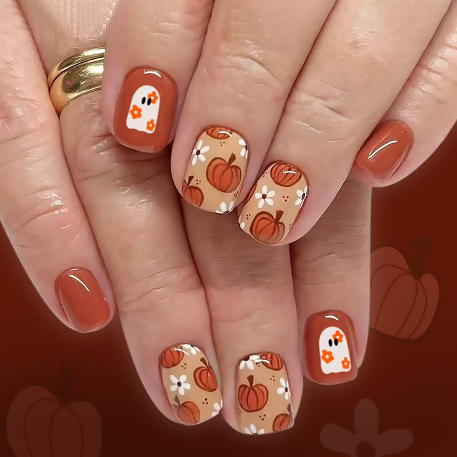 Halloween Press on Nails Short Square Fake Nail with Cute Ghost Pumpkin Flowers Designs Brown False Nails Full Cover Acrylic Artificial Glue on Nail for Women 24 Pcs | Amazon (US)