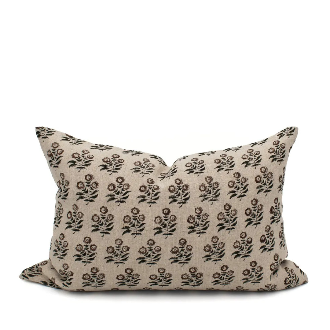 Light Brown Floral Hand Block Print Pillow Cover Natural Linen Neutral Lumbar Pillow Case Tan Blo... | Etsy (US)