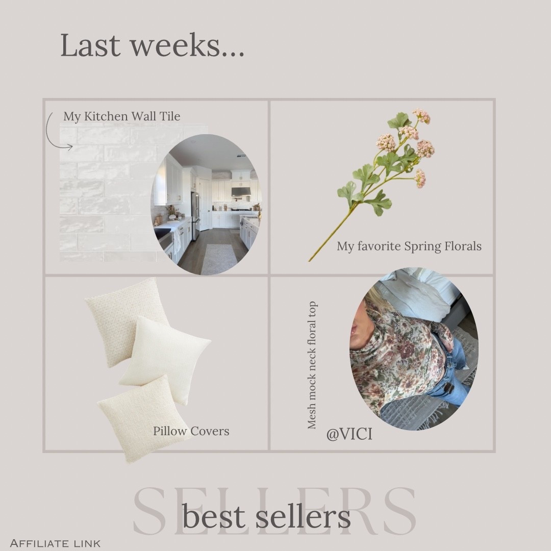 Last weeks BEST Sellers 🤎

- kitchen backsplash 
- pillow covers 
- Spring florals
- Mesh mock neck floral top @VICI 





#bestsellers #springstyle #floraltop #springstyle #springstems #backsplash #zelligetile #kitchendecor #pillowcovera #homedecor 

#LTKHome #LTKSeasonal