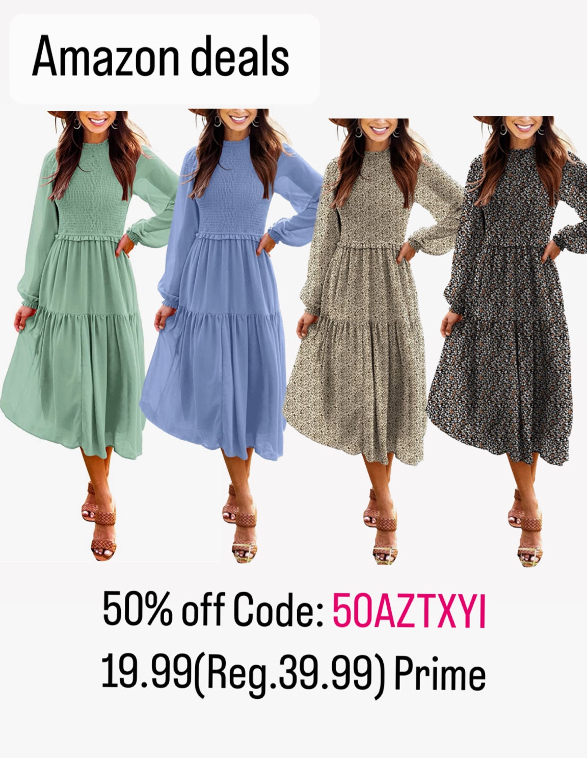 Amazon fashion. Long Sleeve Crew Neck Smocked Elastic Waist Tiered Midi Dress

#LTKstyletip #LTKunder50 #LTKsalealert