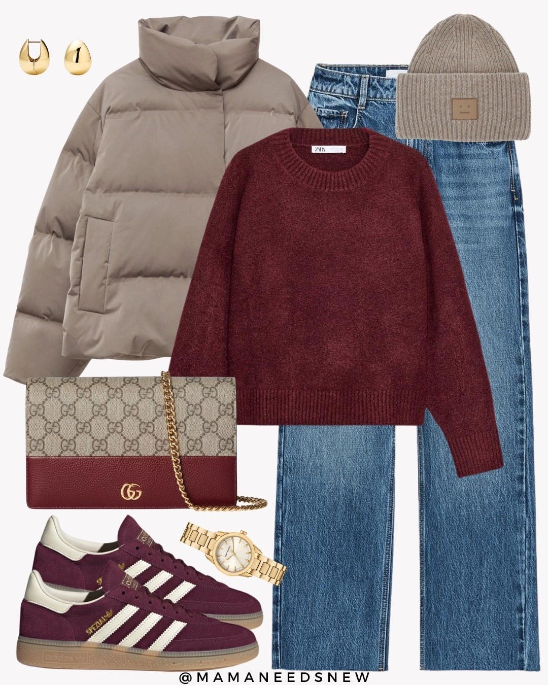 A fall outfit with a puffer jacket, sweater, jeans, sneakers, wallet on chain bag, beanie hat 

#LTKStyleTip #LTKItBag #LTKSaleAlert
