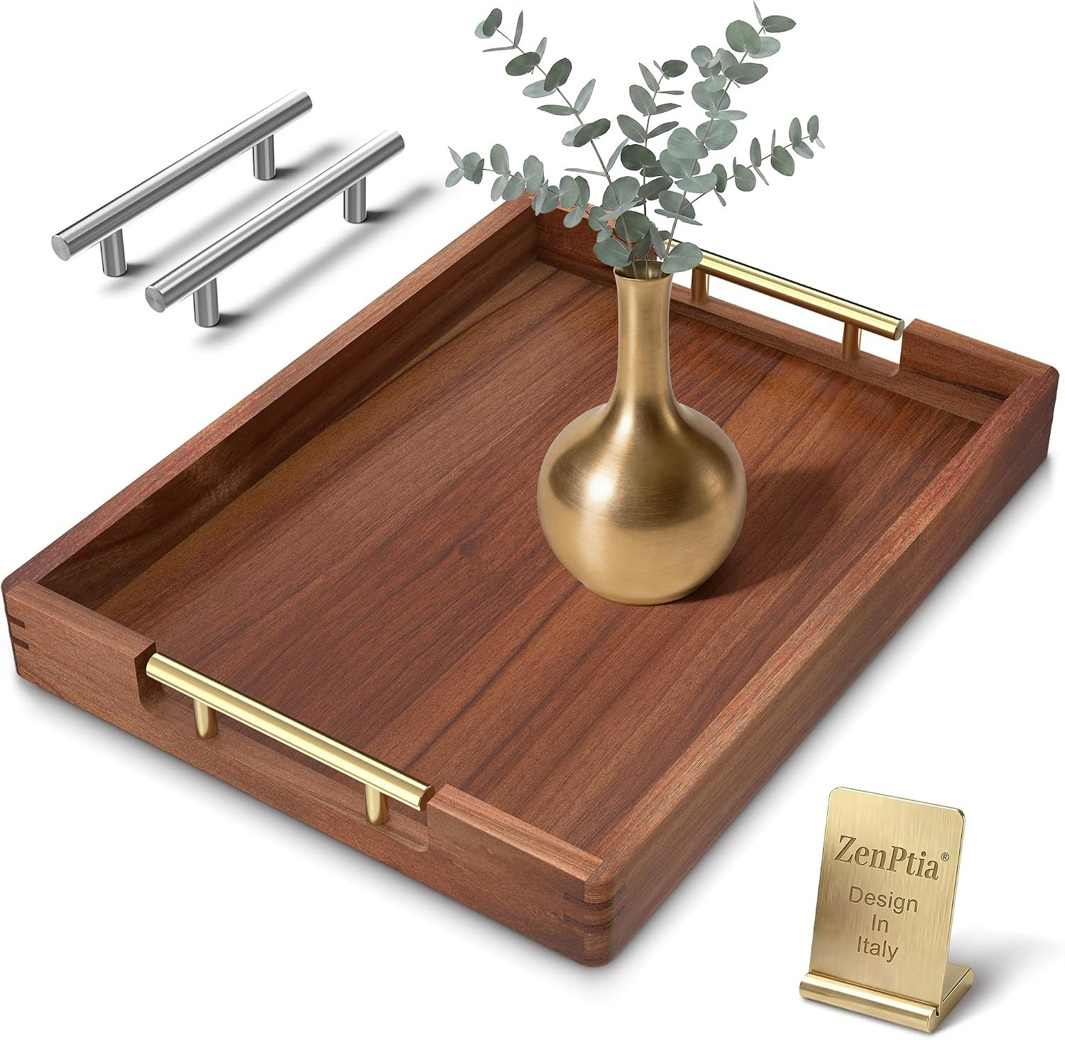 17-Inch Acacia Wood Serving Tray, 2 Handle Sets, Gold and Silver | Amazon (US)