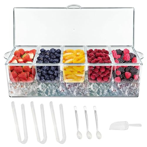 LucaSng Chilled Condiment Server with Lids,Serving Trays,Condiment Caddy with 5 Containers,Ice Fruit Tray Platter for Bar Accessories,Salad,Taco,Party Garnish | Amazon (US)