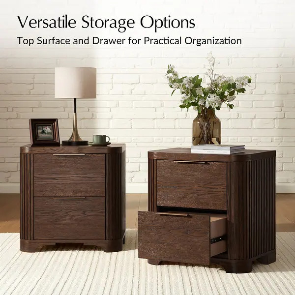 HULALA HOME Elida Modern 2-Drawer Fluted Solid Wood Nightstand with Power Outlet - Walnut | Bed Bath & Beyond