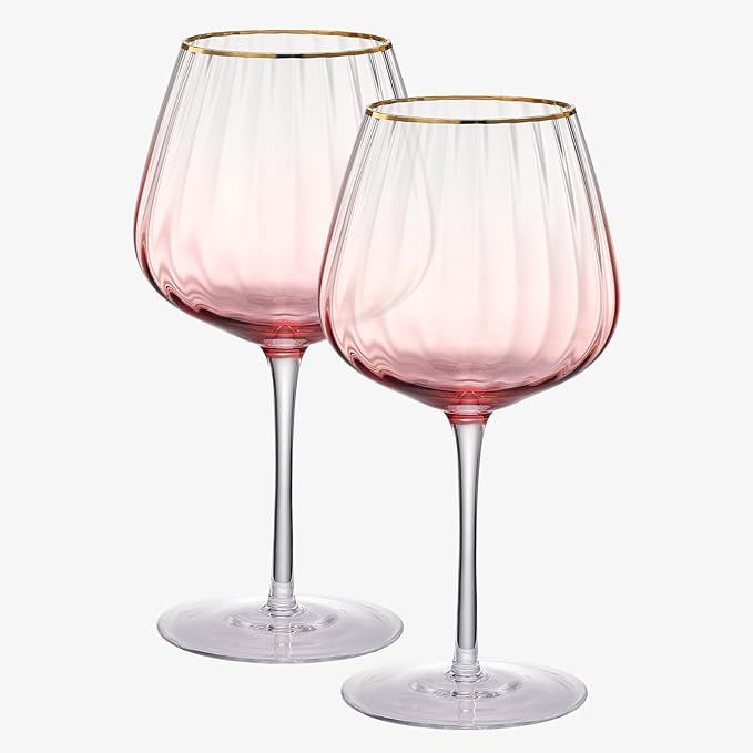 Blush Pink Ribbed Large Wine Glassware | Set of 2 | Gold Rim Waterfall Balloon Shaped Glasses, Ri... | Amazon (US)