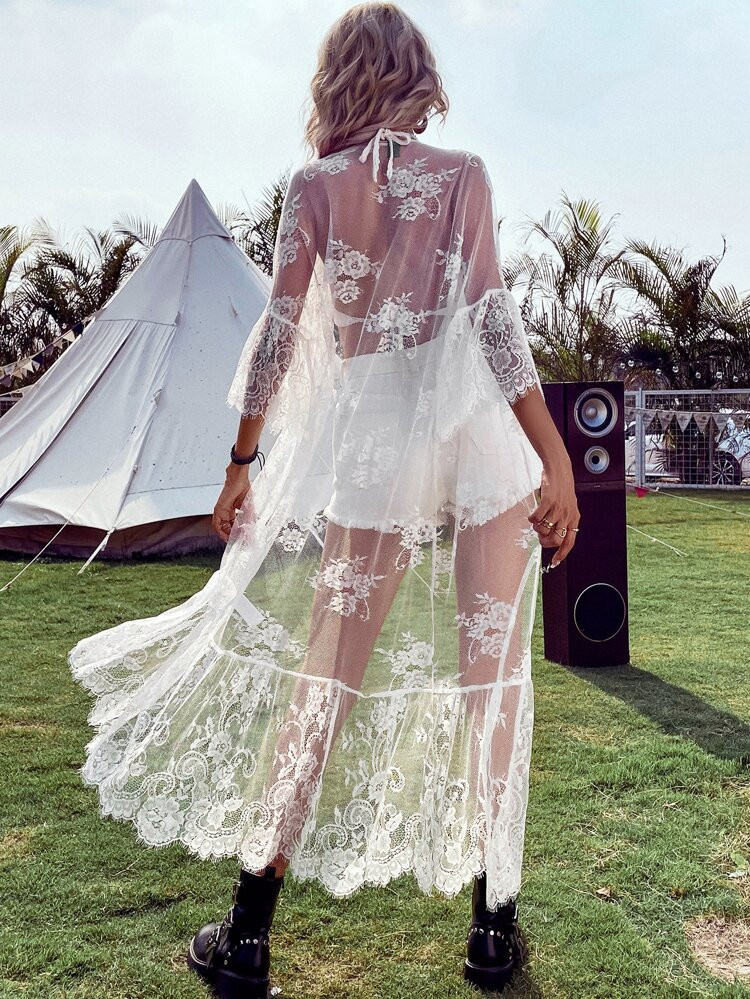 Floral Embroidery Mesh Tie Front Kimono | SHEIN