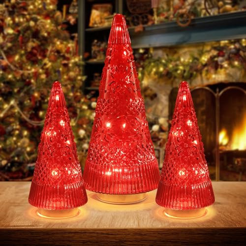 PHITRIC Christmas Decorations Indoor, 3 PCS Sparkling Glass Red Christmas Tree Table Centerpieces Decor with LED Lights and Timer, Xmas Tree Decorations for Home, Mantel, Shelf, Office, Tabletop | Amazon (US)