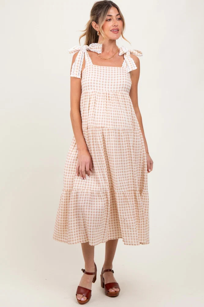 Camel Gingham Lace Trim Shoulder Tie Maternity Maxi Dress | PinkBlush Maternity