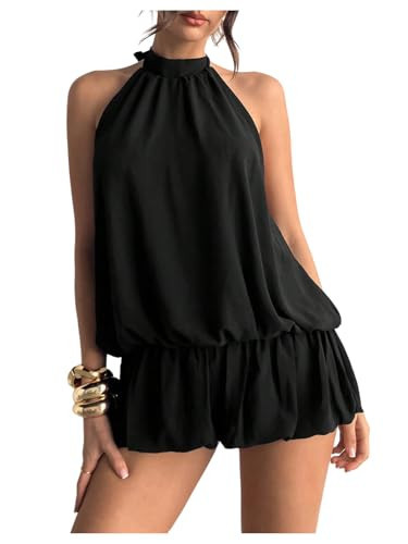 Floerns Women's Y2k Summer Halter Dress Tie Open Back Sleeveless Ruffle Hem Bubble Going Out Mini Dresses Black XX-Small | Amazon (US)