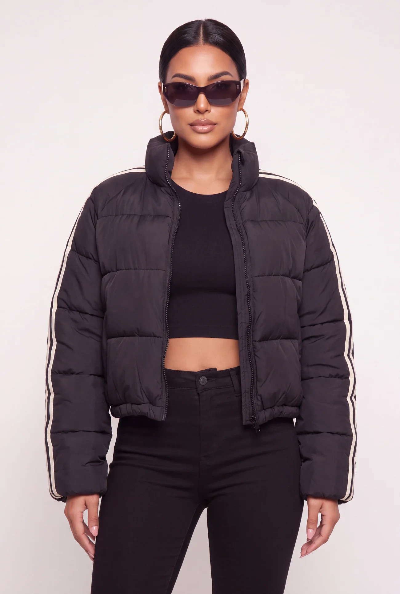 Contrast Trim Mock Neck Zip Front Puffer Jacket | Rainbow Shops