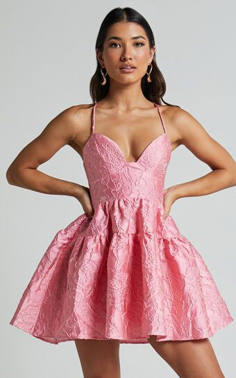Clare Mini Dress - Bust Panel Jacqauard Full Skirt Dress in Pink | Showpo (US, UK & Europe)