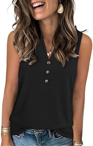 XMTOPYE Womens Summer Tank Top V Neck Sleeveless Tops Button Shirts Loose Fit Basic Clothes | Amazon (US)