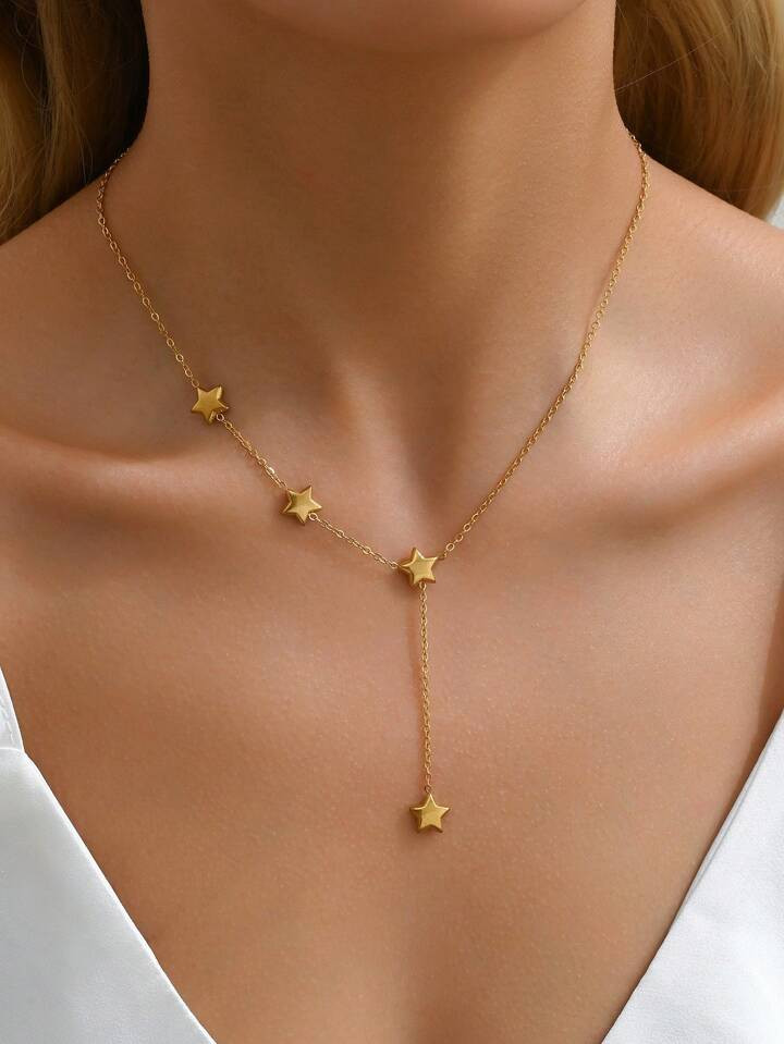 1pc 18k Gold Plated Stainless Steel Y-Shaped Chain Star Pendant Necklace For Women | SHEIN
