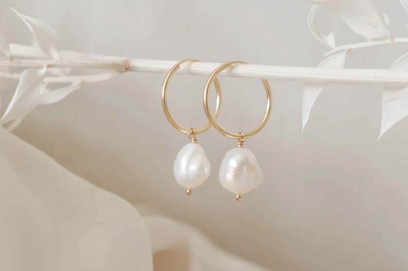 MELODY Baroque Pearl Hoop Earrings, 14K gold filled Irregular Natural Pearl pendant ear hoops, da... | Etsy (US)