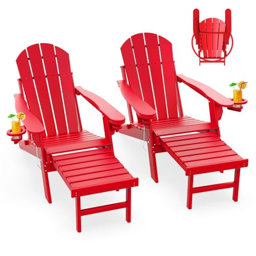 GREENVINES Adirondack-Chairs-with-Ottoman | Set of 2 | Folding | Retractable-Footrest | HDPE Plastic | All Weather Fire Pit Chair | Cup Holders | Red | for Outdoor Poolside | Amazon (US)