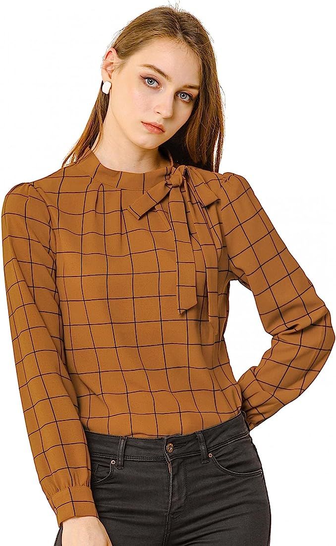 Allegra K Women's Bow Tie Neck Grid Checks Shirt Office Work Tops Blouses | Amazon (US)