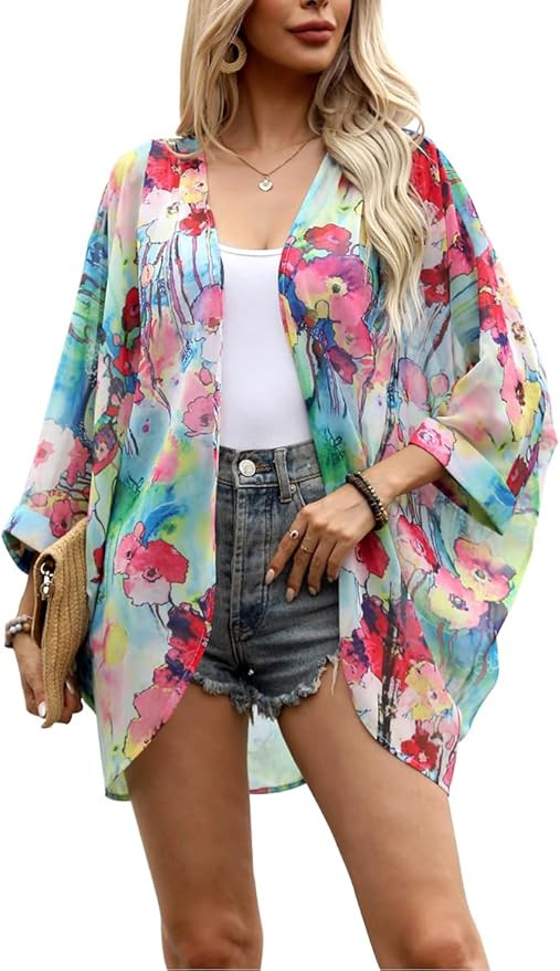olrain Women's Floral Print Sheer Chiffon 3/4 Bat Sleeve Casual Loose Kimono Cardigan Capes | Amazon (US)